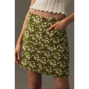 Anthropologie Linen Maeve Colette Collection Olive Green Floral Mini Skirt